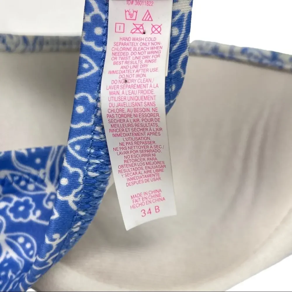 Victoria’s Secret Blue Floral Print Ruffle Neo Green Tie Bikini Top Size 34 B